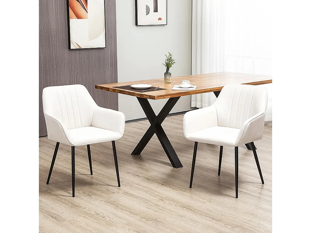 Chaises de Salle à Manger Chaises de Visiteur Design scandinave - Lot de 2 chaises - Pieds effilés métal Noir - Assise Dossier accoudoirs ergonomiques Lin Beige