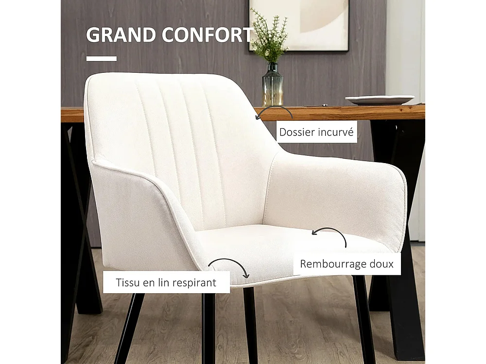 Chaises de Salle à Manger Chaises de Visiteur Design scandinave - Lot de 2 chaises - Pieds effilés métal Noir - Assise Dossier accoudoirs ergonomiques Lin Beige