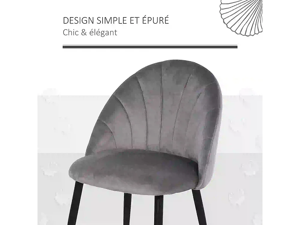 Lot de 2 chaises de Salle à Manger Chaise de Cuisine Velours Pieds métal Gris dim. 52L x 54l x 79H cm
