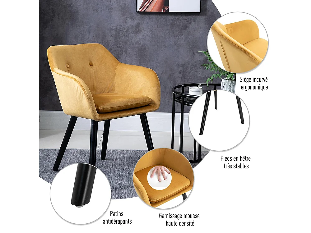 Chaises de salle à manger chaise de cuisine chaises de salon scandinave - Lot de 2 - Pieds effilés Bois Noir - Velours Jaune Moutarde