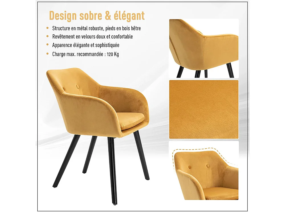 Chaises de salle à manger chaise de cuisine chaises de salon scandinave - Lot de 2 - Pieds effilés Bois Noir - Velours Jaune Moutarde