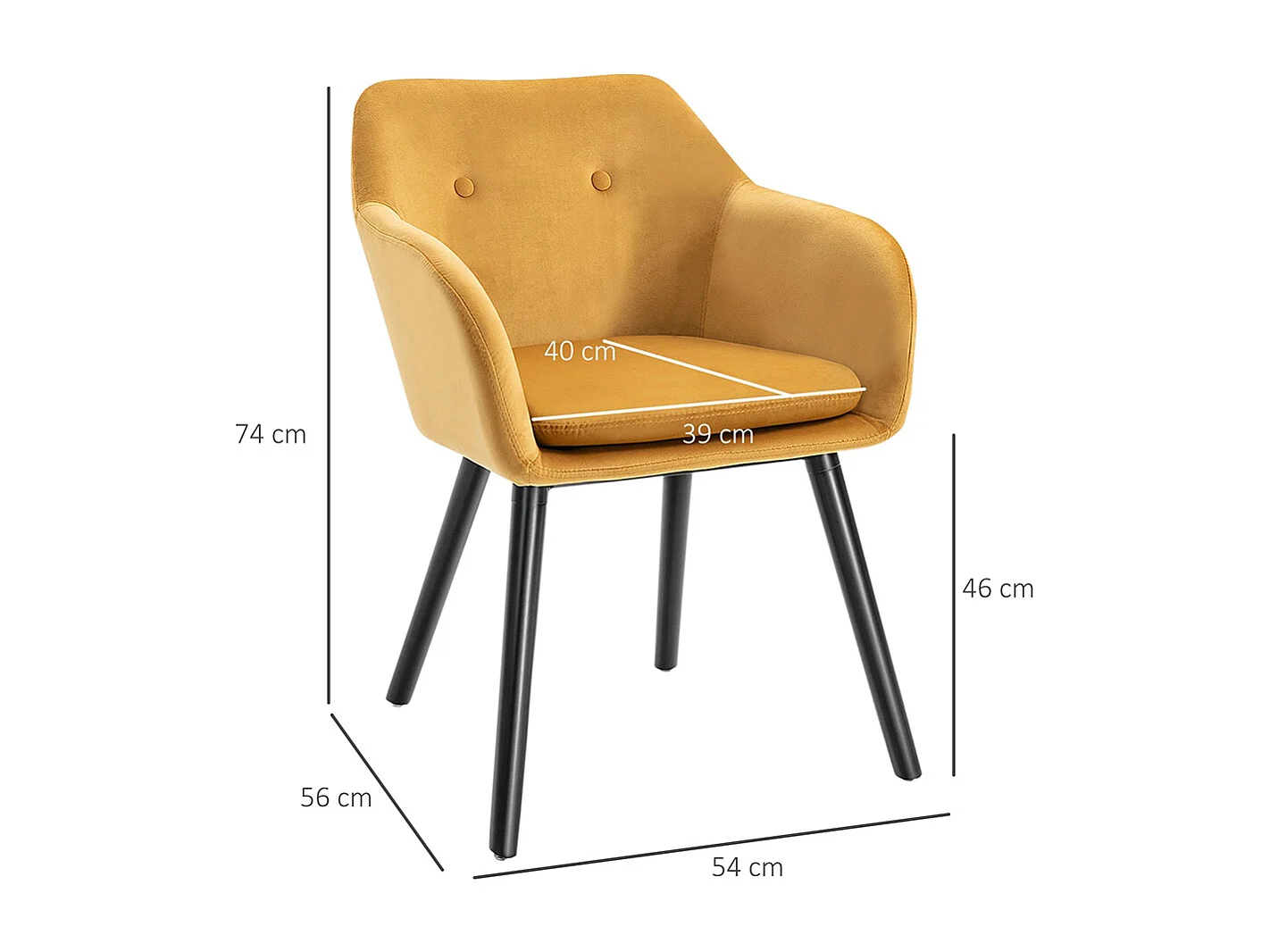 Chaises de salle à manger chaise de cuisine chaises de salon scandinave - Lot de 2 - Pieds effilés Bois Noir - Velours Jaune Moutarde