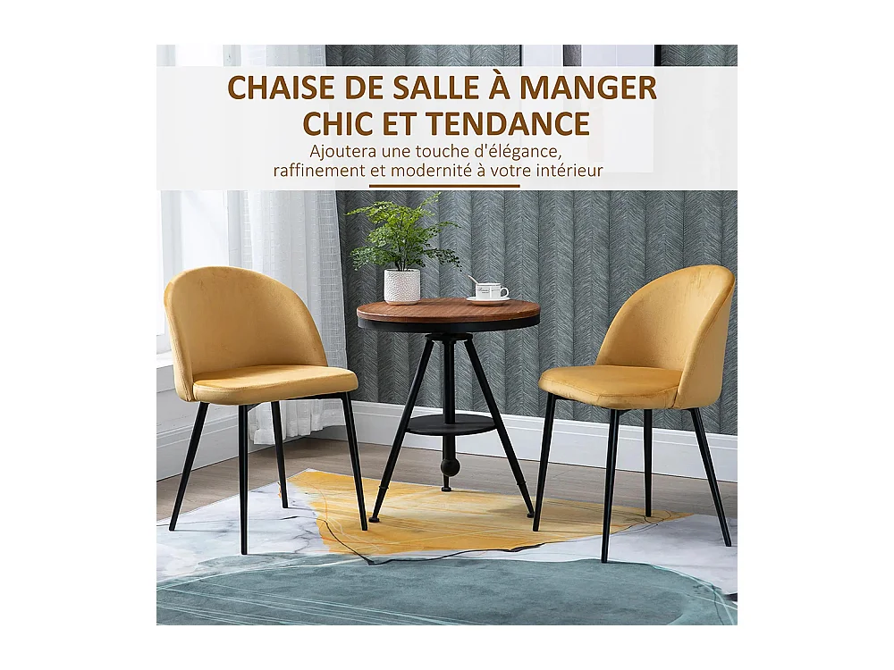 Lot de 2 chaises salle à manger chaise de cuisine scandinave chaise en velours rembourrée avec pieds effilés en métal, pour salon, salle à manger, jaune