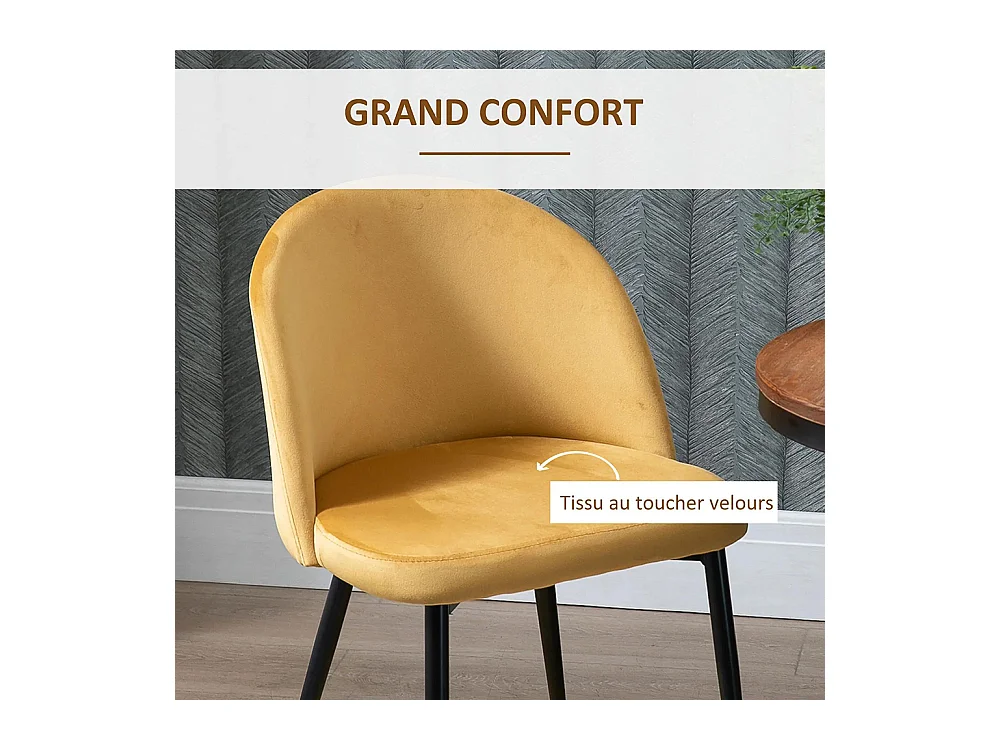 Lot de 2 chaises salle à manger chaise de cuisine scandinave chaise en velours rembourrée avec pieds effilés en métal, pour salon, salle à manger, jaune