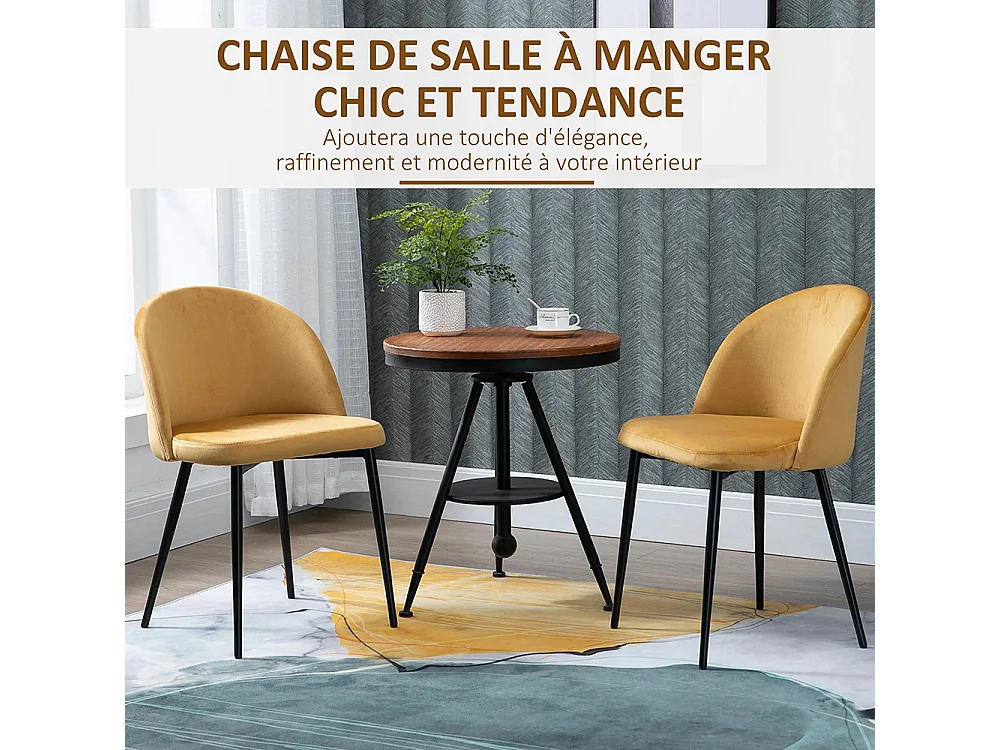 Lot de 2 chaises salle à manger chaise de cuisine scandinave chaise en velours rembourrée avec pieds effilés en métal, pour salon, salle à manger, jaune