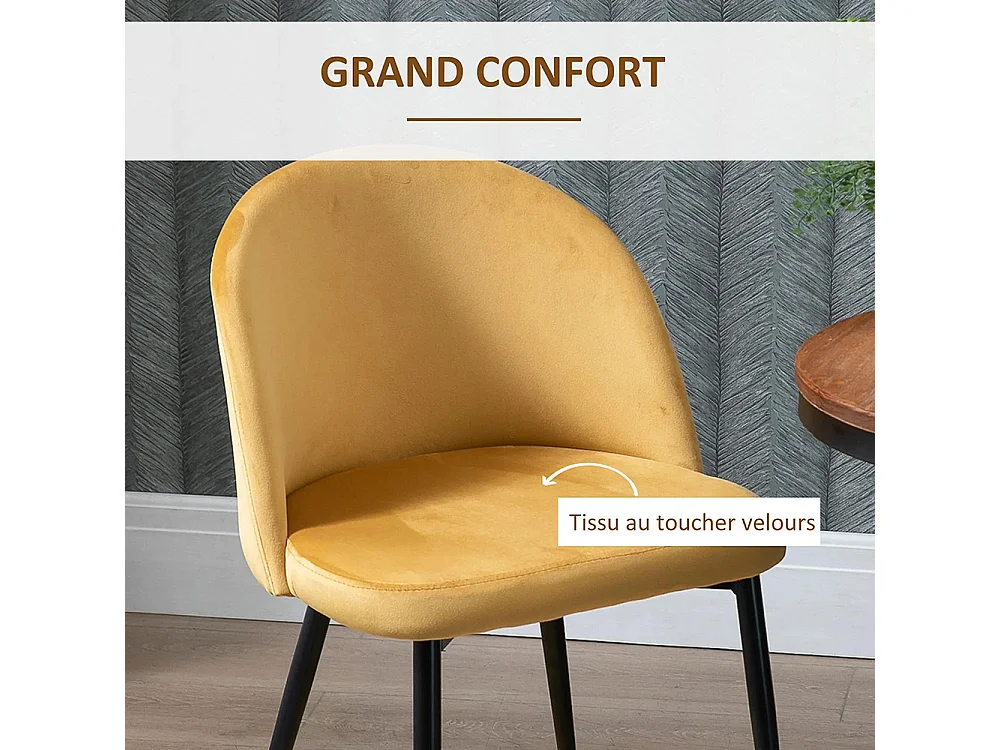 Lot de 2 chaises salle à manger chaise de cuisine scandinave chaise en velours rembourrée avec pieds effilés en métal, pour salon, salle à manger, jaune