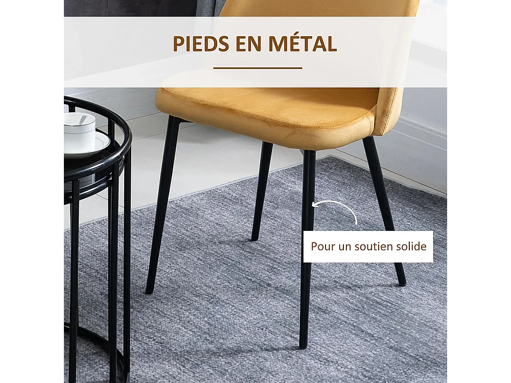 Lot de 2 chaises salle à manger chaise de cuisine scandinave chaise en velours rembourrée avec pieds effilés en métal, pour salon, salle à manger, jaune