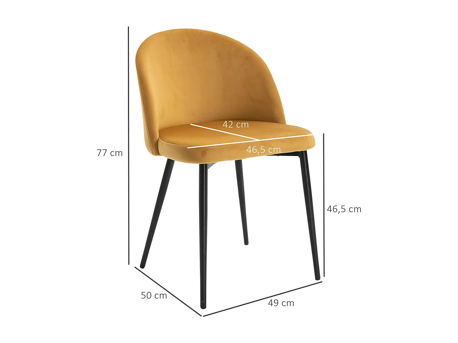 Lot de 2 chaises salle à manger chaise de cuisine scandinave chaise en velours rembourrée avec pieds effilés en métal, pour salon, salle à manger, jaune