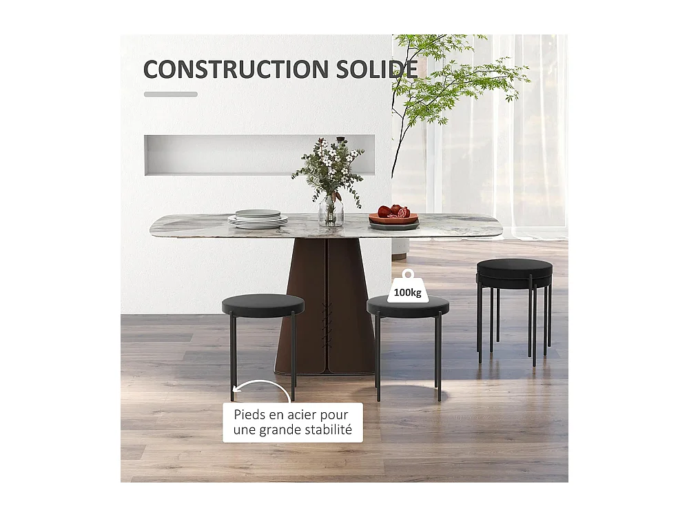 Lot de 4 chaises de salle à manger chaises de cuisine sans dossier siège rembourré pieds métal 41,5 x 41,5 x 46 cm noir