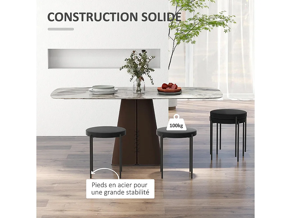 Lot de 4 chaises de salle à manger chaises de cuisine sans dossier siège rembourré pieds métal 41,5 x 41,5 x 46 cm noir