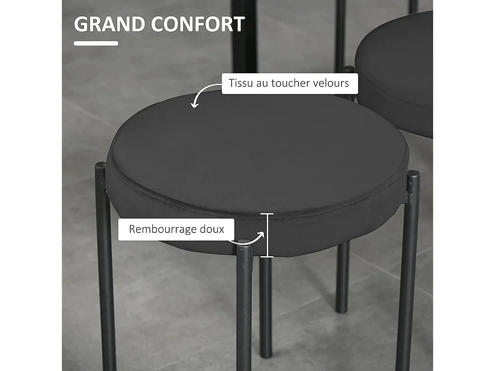 Lot de 4 chaises de salle à manger chaises de cuisine sans dossier siège rembourré pieds métal 41,5 x 41,5 x 46 cm noir