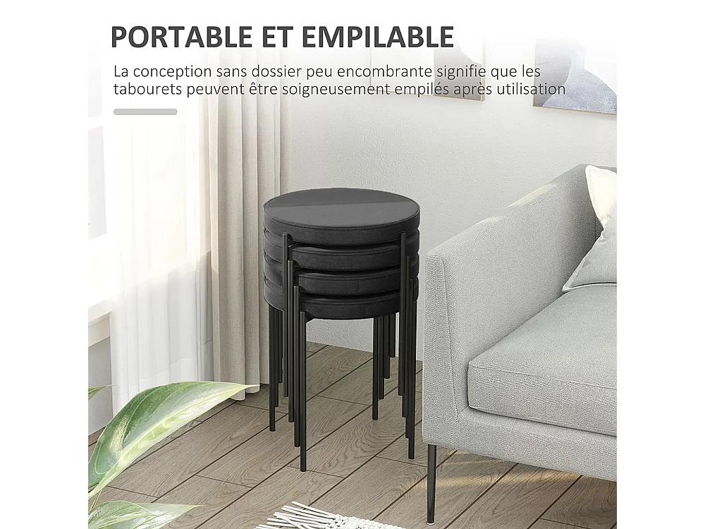 Lot de 4 chaises de salle à manger chaises de cuisine sans dossier siège rembourré pieds métal 41,5 x 41,5 x 46 cm noir