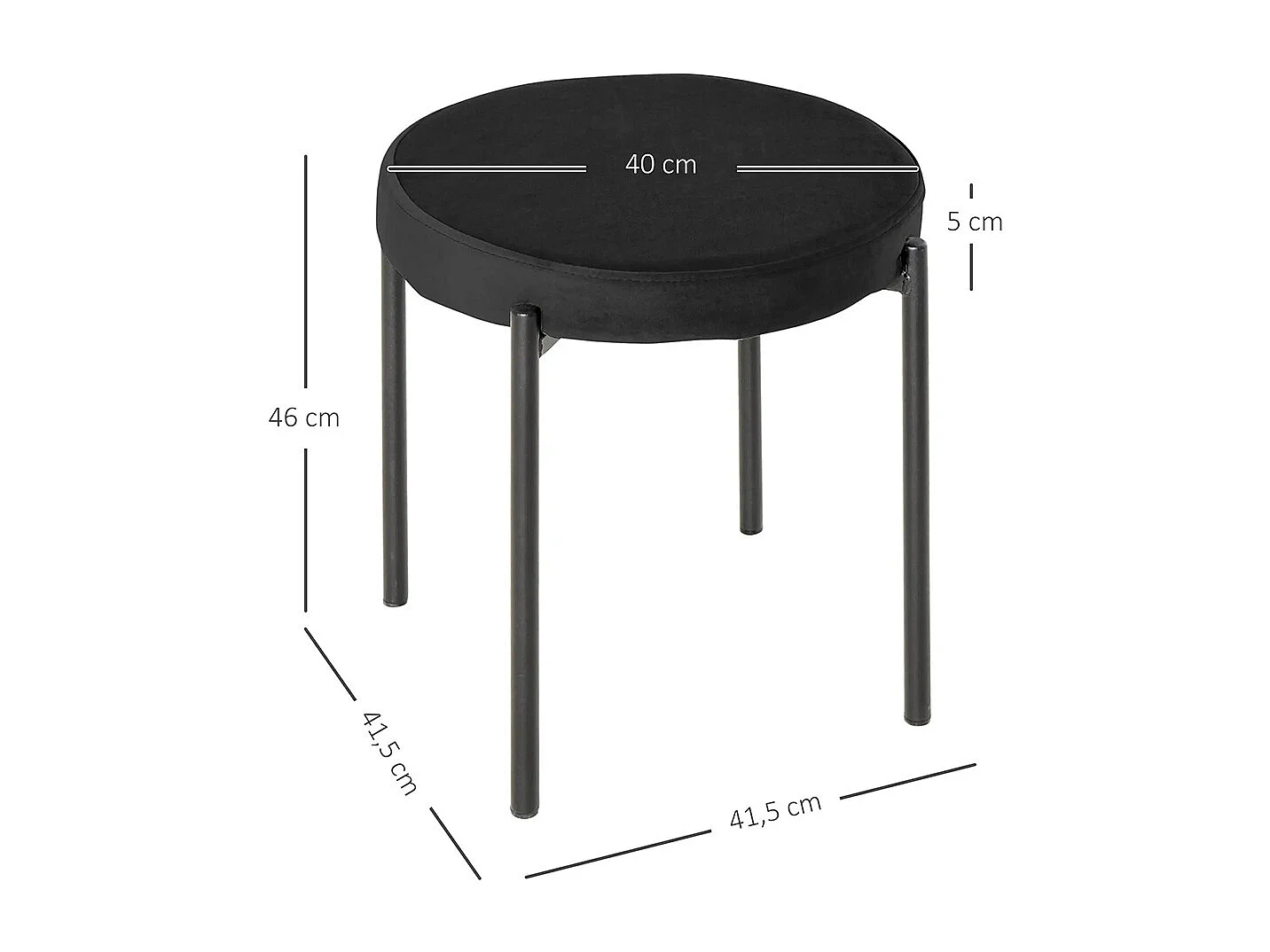 Lot de 4 chaises de salle à manger chaises de cuisine sans dossier siège rembourré pieds métal 41,5 x 41,5 x 46 cm noir