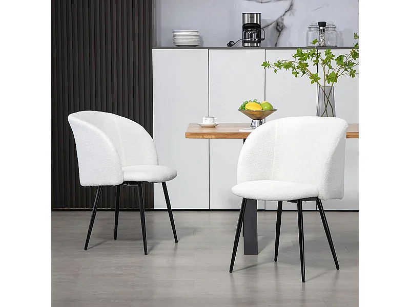 Lot de 2 chaises de salle à manger avec dossier en tissu effet laine boucleé pieds en acier 55 x 62 x 80 cm blanc noir