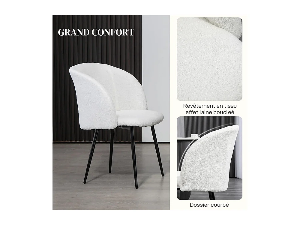 Lot de 2 chaises de salle à manger avec dossier en tissu effet laine boucleé pieds en acier 55 x 62 x 80 cm blanc noir