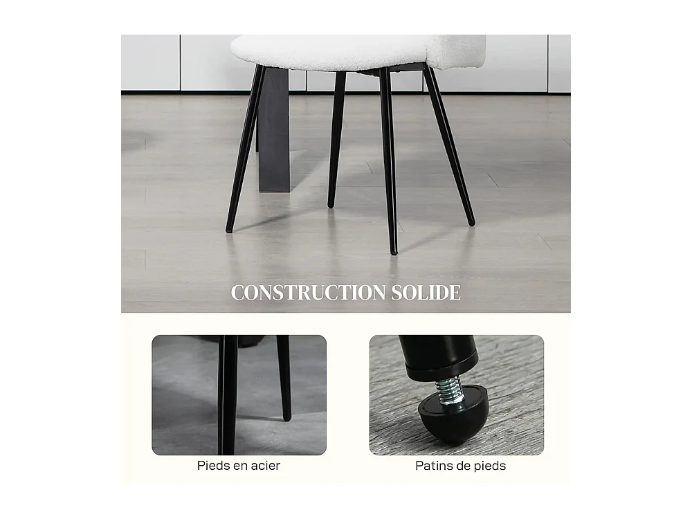 Lot de 2 chaises de salle à manger avec dossier en tissu effet laine boucleé pieds en acier 55 x 62 x 80 cm blanc noir