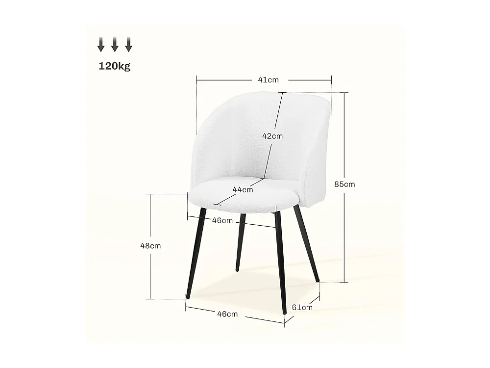 Lot de 2 chaises de salle à manger avec dossier en tissu effet laine boucleé pieds en acier 55 x 62 x 80 cm blanc noir