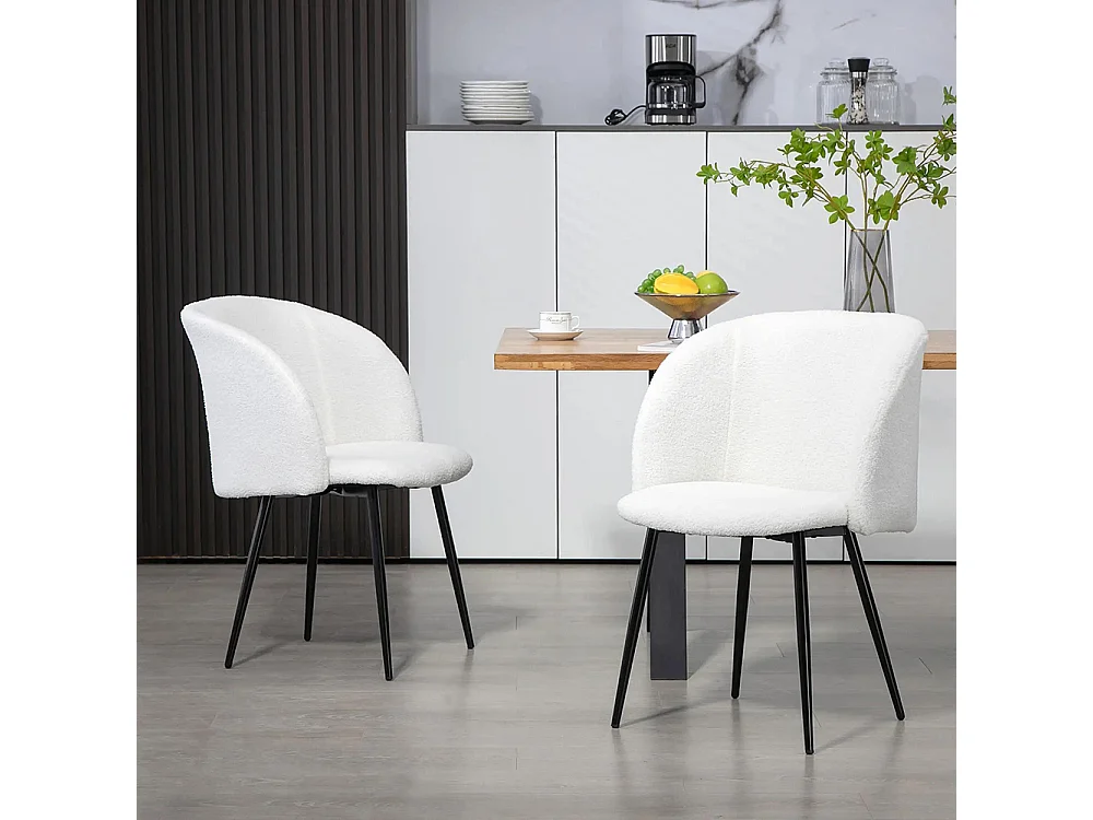 Lot de 2 chaises de salle à manger avec dossier en tissu effet laine boucleé pieds en acier 55 x 62 x 80 cm blanc noir