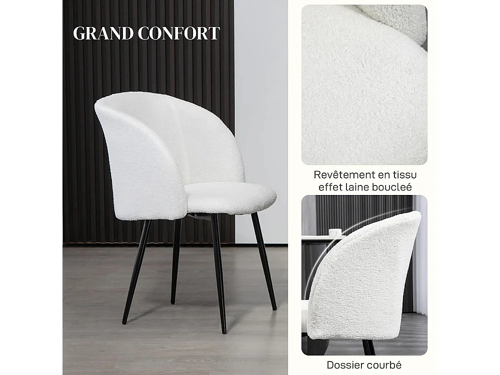 Lot de 2 chaises de salle à manger avec dossier en tissu effet laine boucleé pieds en acier 55 x 62 x 80 cm blanc noir