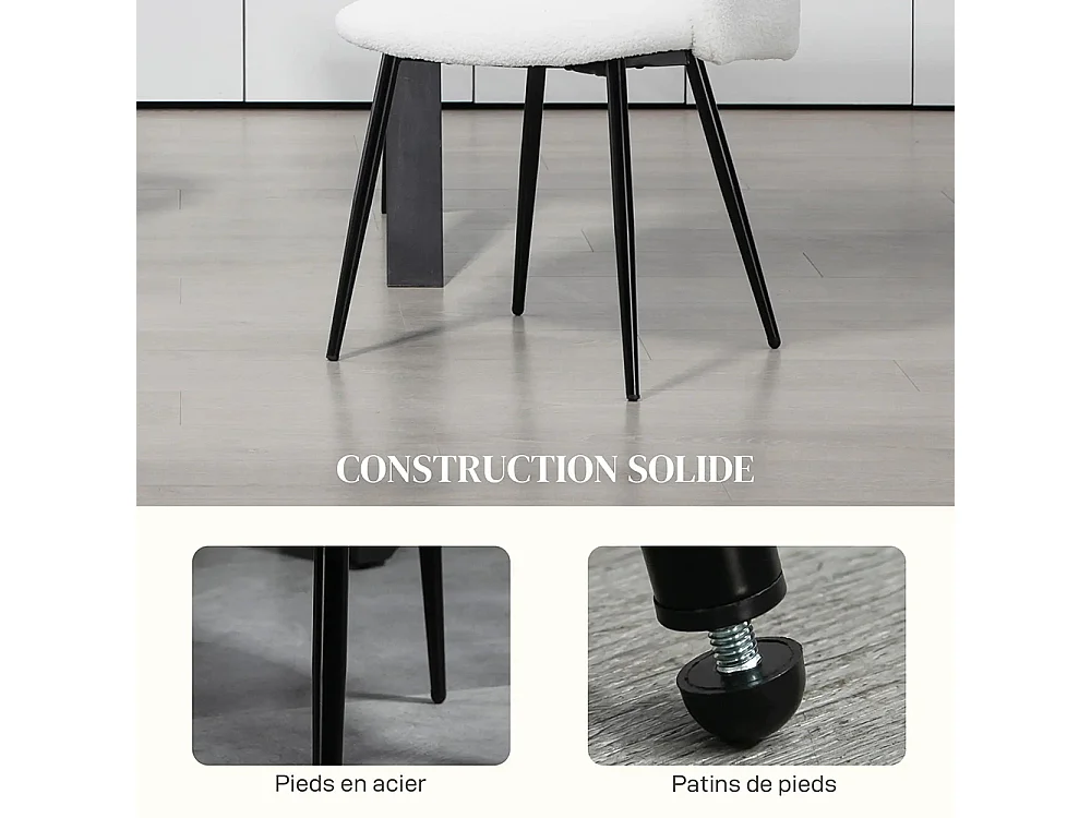 Lot de 2 chaises de salle à manger avec dossier en tissu effet laine boucleé pieds en acier 55 x 62 x 80 cm blanc noir