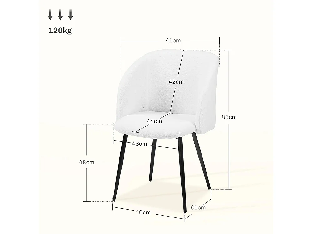 Lot de 2 chaises de salle à manger avec dossier en tissu effet laine boucleé pieds en acier 55 x 62 x 80 cm blanc noir
