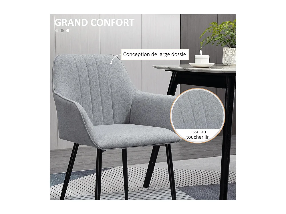Chaises de Salle à Manger Chaises de Visiteur Design scandinave - Lot de 2 chaises - Pieds effilés métal Noir - Assise Dossier accoudoirs ergonomiques Lin Gris