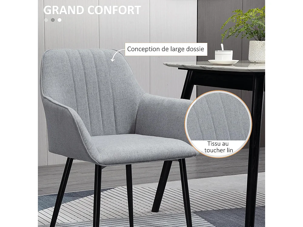Chaises de Salle à Manger Chaises de Visiteur Design scandinave - Lot de 2 chaises - Pieds effilés métal Noir - Assise Dossier accoudoirs ergonomiques Lin Gris