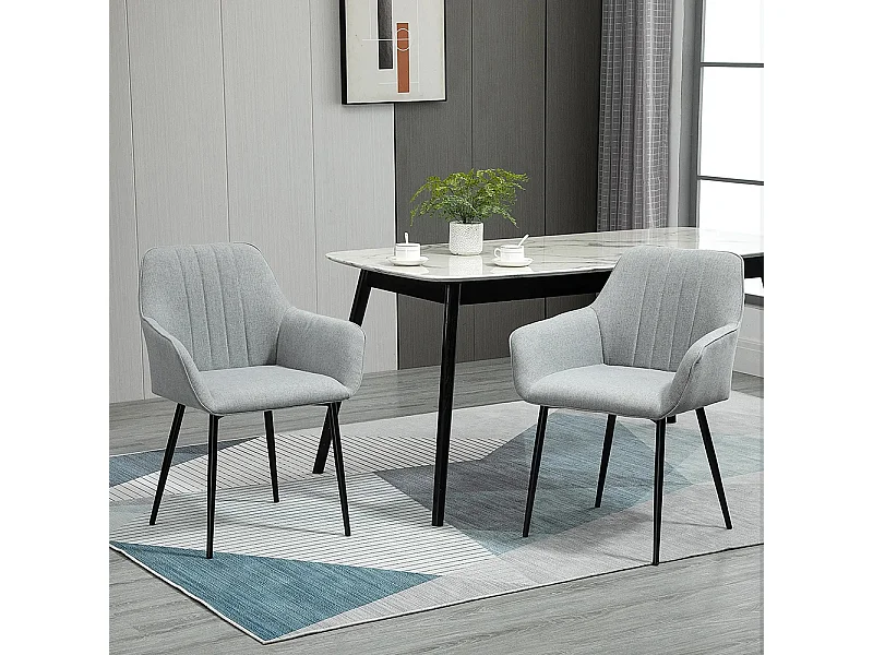 Chaises de Salle à Manger Chaises de Visiteur Design scandinave - Lot de 2 chaises - Pieds effilés métal Noir - Assise Dossier accoudoirs ergonomiques Lin Gris