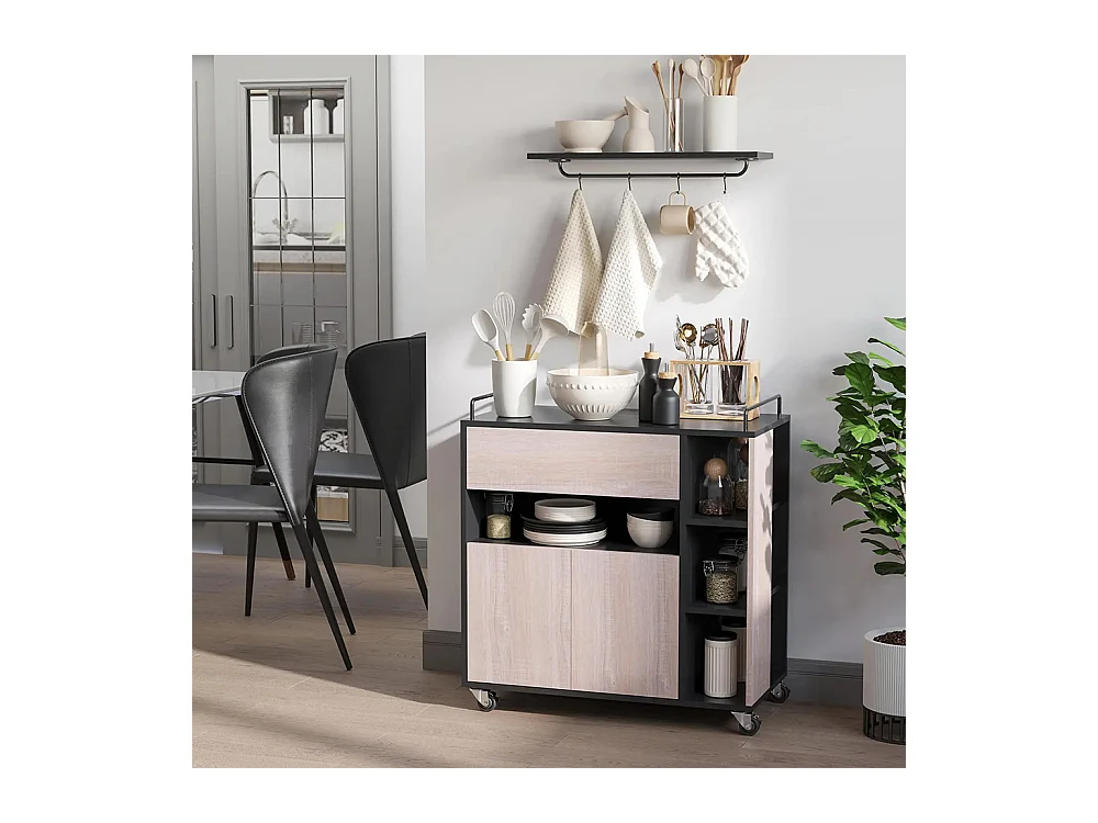 Chariot de service desserte de cuisine à roulettes multi-rangements placard double portes + 3 étagères + niche + tiroir panneaux particules noir chêne