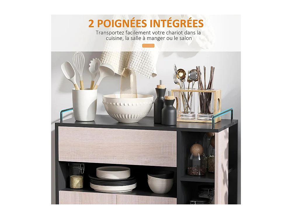 Chariot de service desserte de cuisine à roulettes multi-rangements placard double portes + 3 étagères + niche + tiroir panneaux particules noir chêne