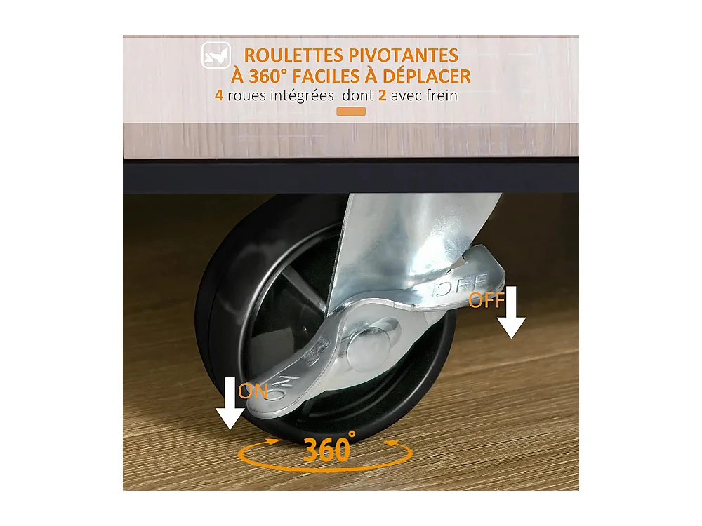 Chariot de service desserte de cuisine à roulettes multi-rangements placard double portes + 3 étagères + niche + tiroir panneaux particules noir chêne