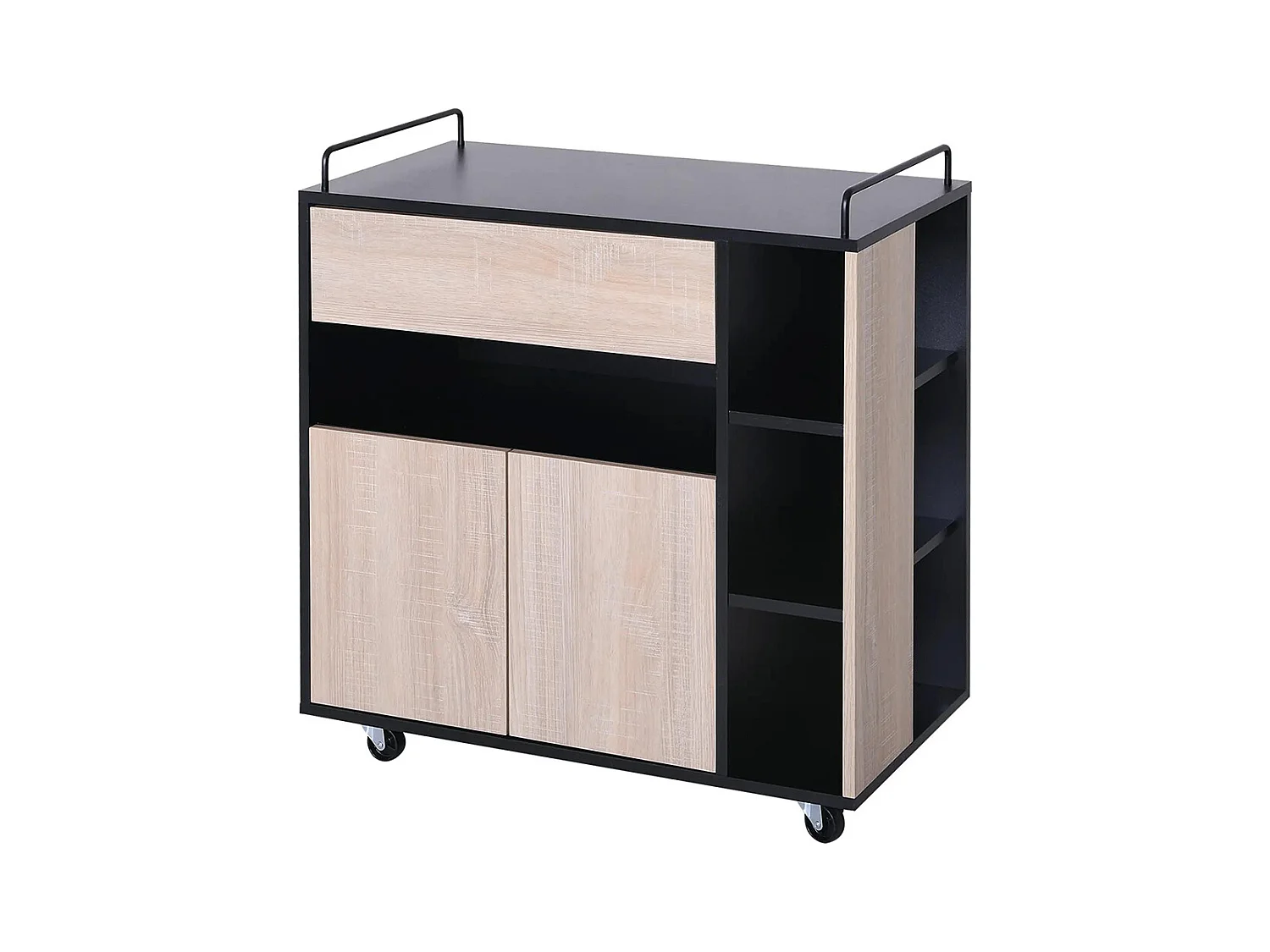 Chariot de service desserte de cuisine à roulettes multi-rangements placard double portes + 3 étagères + niche + tiroir panneaux particules noir chêne