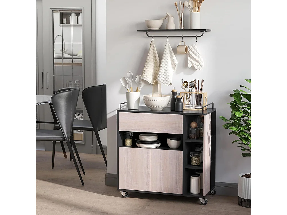 Chariot de service desserte de cuisine à roulettes multi-rangements placard double portes + 3 étagères + niche + tiroir panneaux particules noir chêne