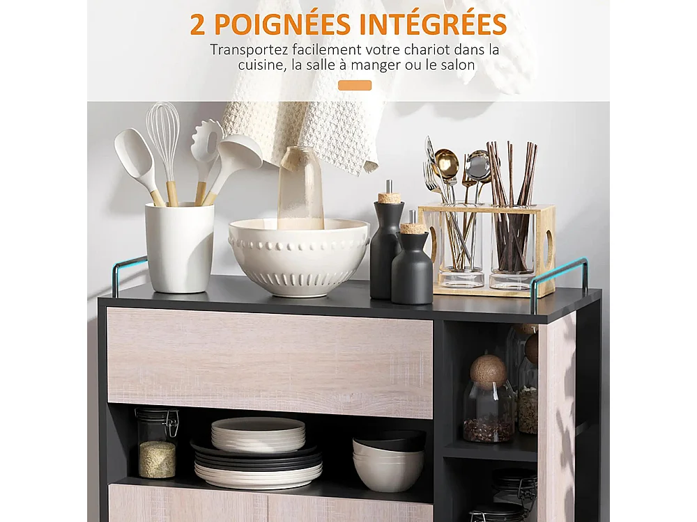 Chariot de service desserte de cuisine à roulettes multi-rangements placard double portes + 3 étagères + niche + tiroir panneaux particules noir chêne