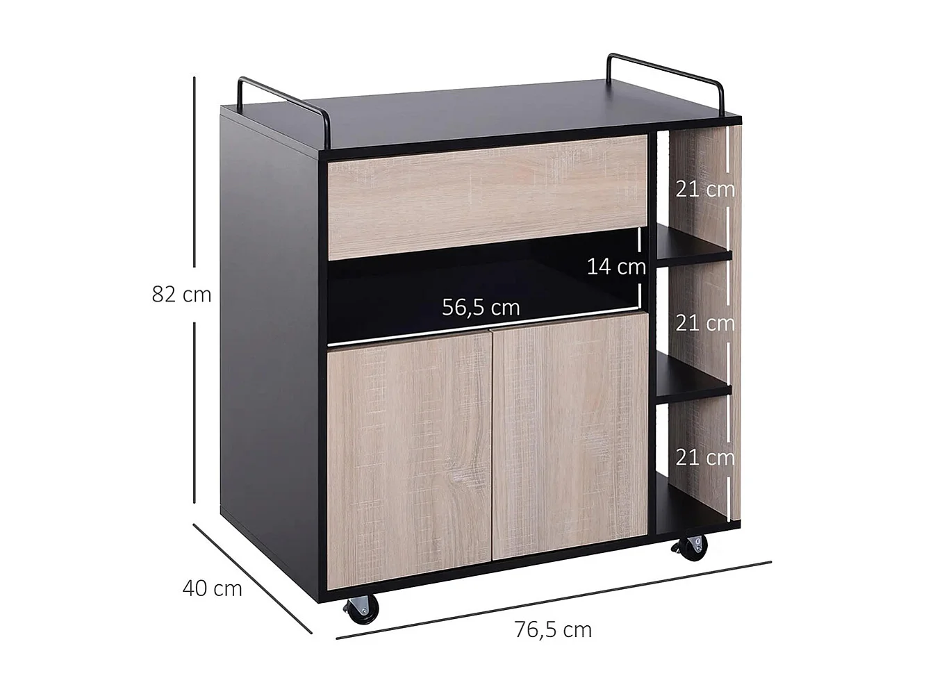 Chariot de service desserte de cuisine à roulettes multi-rangements placard double portes + 3 étagères + niche + tiroir panneaux particules noir chêne