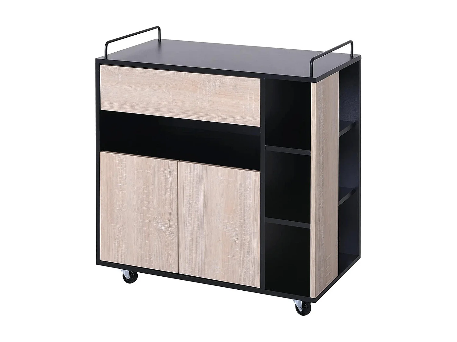 Chariot de service desserte de cuisine à roulettes multi-rangements placard double portes + 3 étagères + niche + tiroir panneaux particules noir chêne