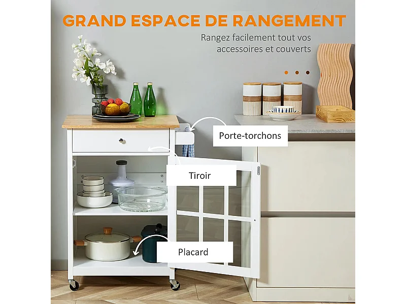 Desserte de cuisine à roulettes multi-rangement - placard porte vitrée avec étagère réglable, tiroir, porte-torchon - blanc aspect chêne clair