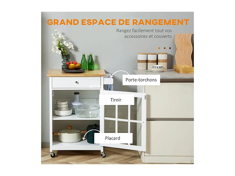 Desserte de cuisine à roulettes multi-rangement - placard porte vitrée avec étagère réglable, tiroir, porte-torchon - blanc aspect chêne clair