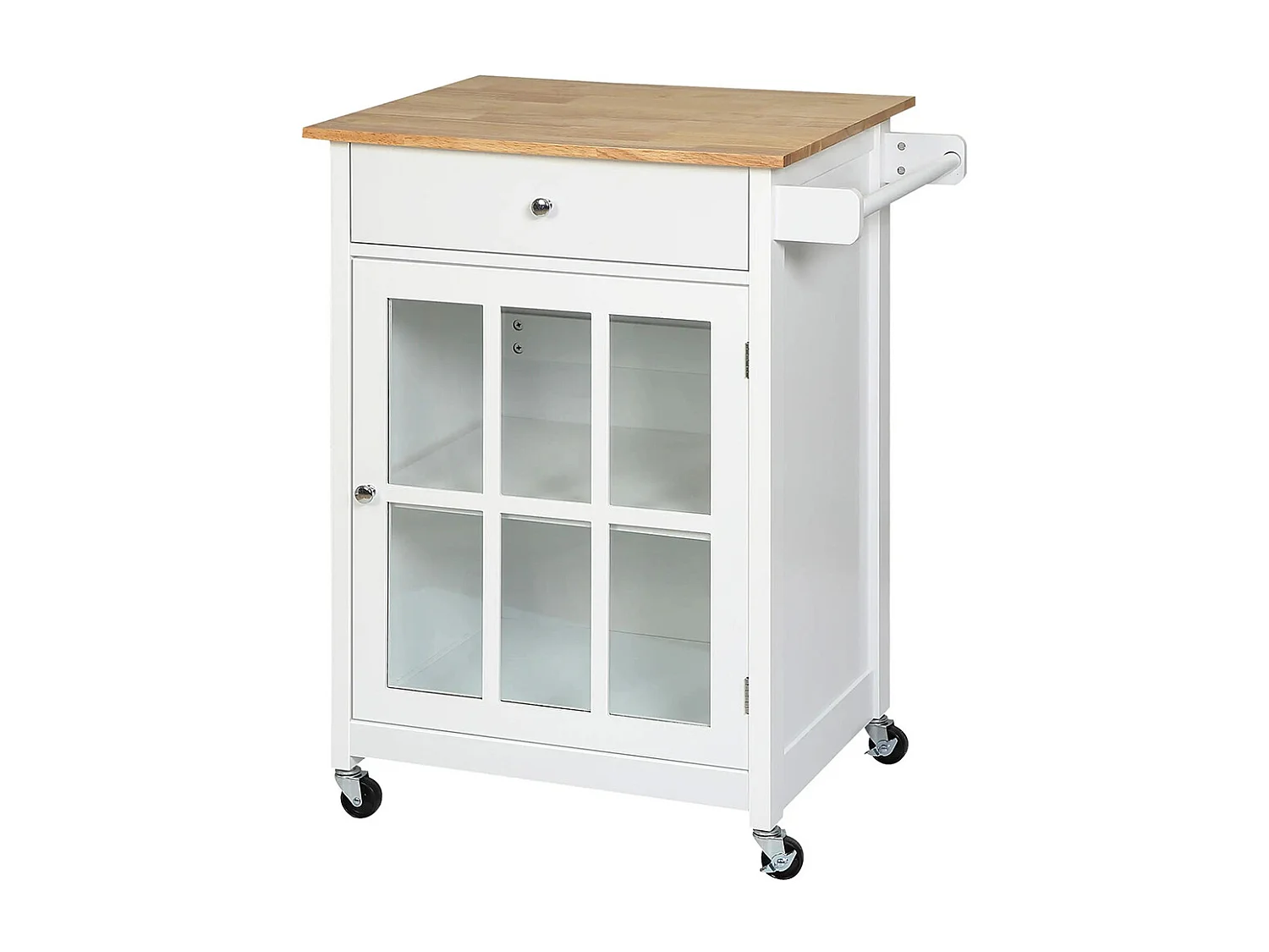 Desserte de cuisine à roulettes multi-rangement - placard porte vitrée avec étagère réglable, tiroir, porte-torchon - blanc aspect chêne clair