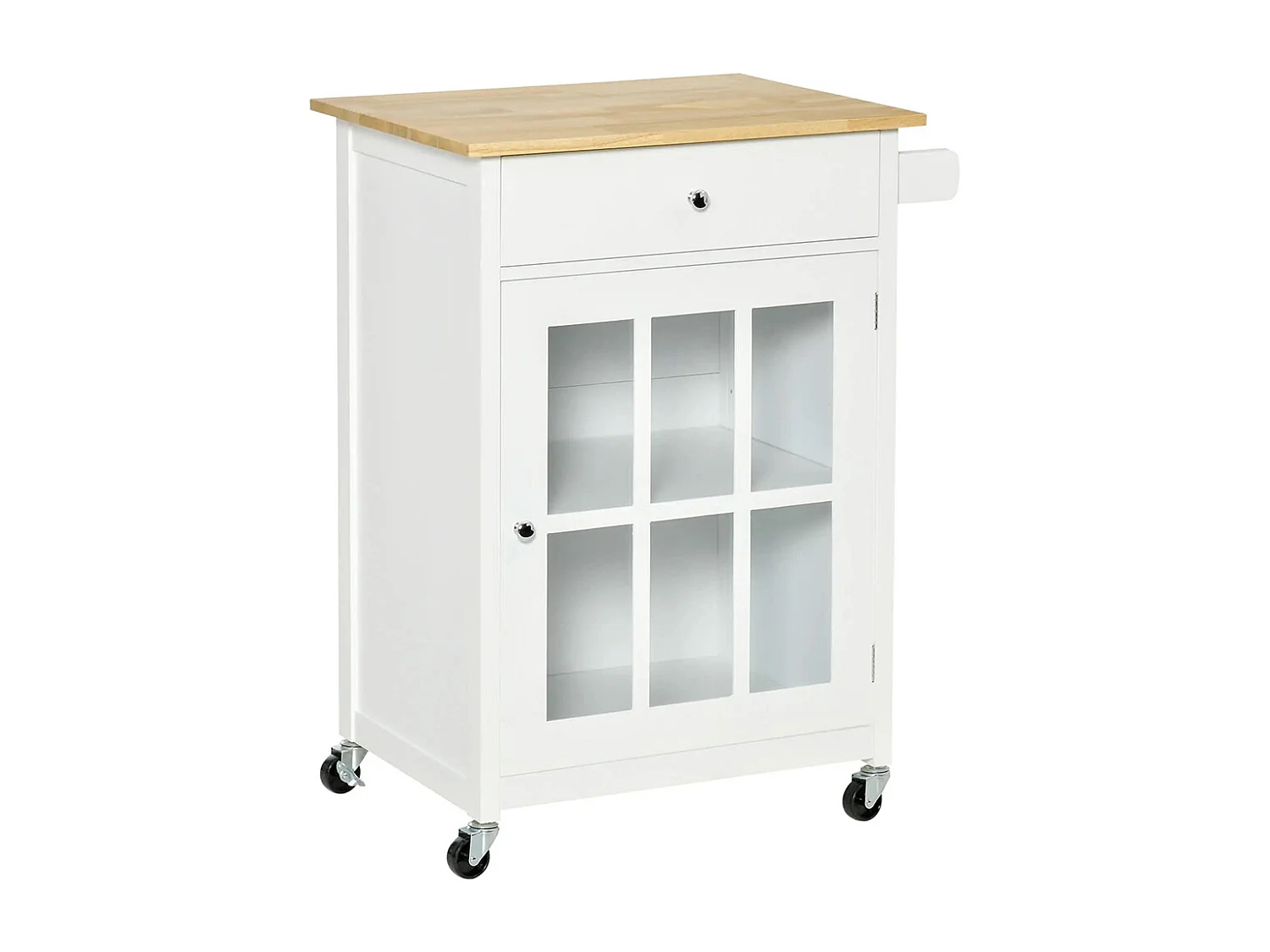 Desserte de cuisine à roulettes multi-rangement - placard porte vitrée avec étagère réglable, tiroir, porte-torchon - blanc aspect chêne clair