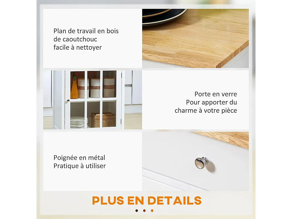 Desserte de cuisine à roulettes multi-rangement - placard porte vitrée avec étagère réglable, tiroir, porte-torchon - blanc aspect chêne clair