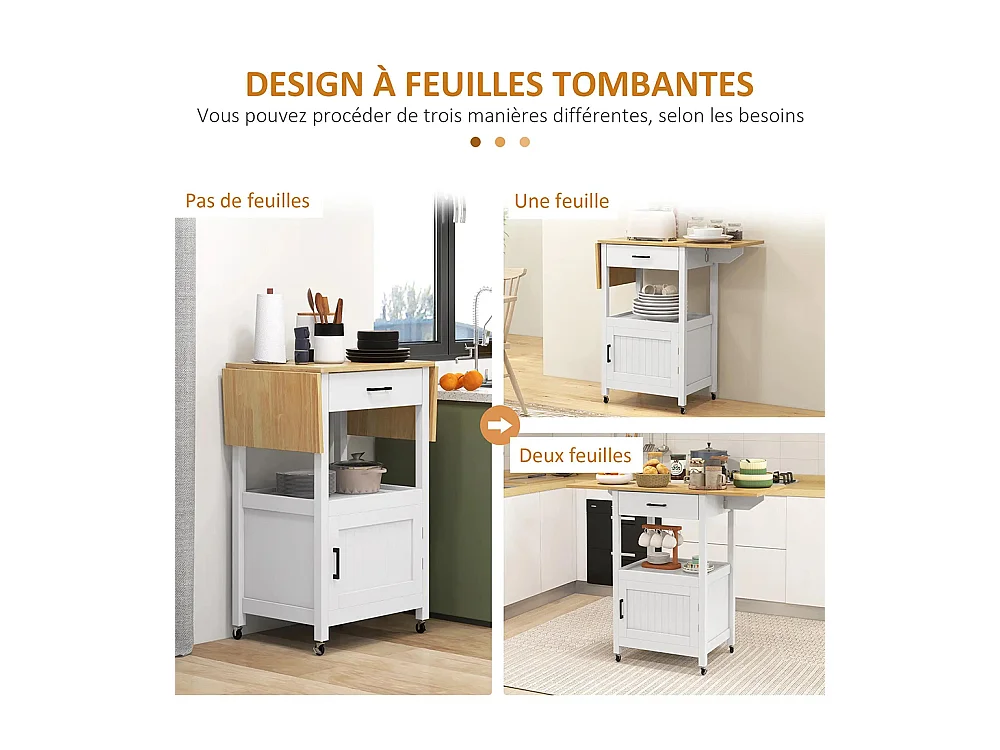Chariot de service desserte de cuisine à roulettes meuble de rangement plateau pliable tiroir étagère et armoire