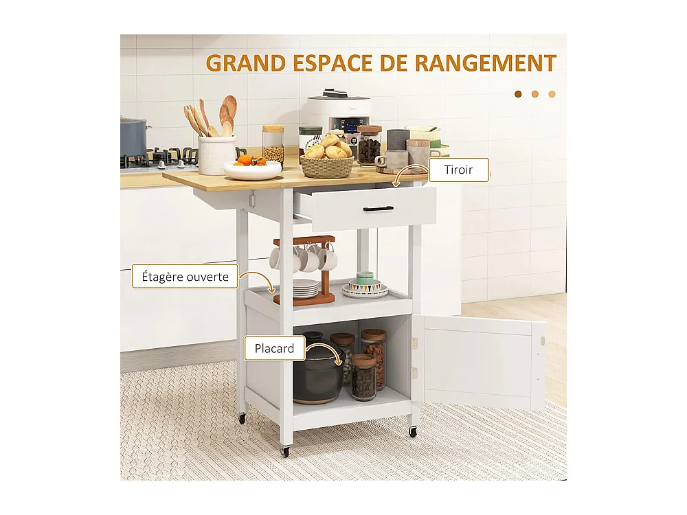 Chariot de service desserte de cuisine à roulettes meuble de rangement plateau pliable tiroir étagère et armoire