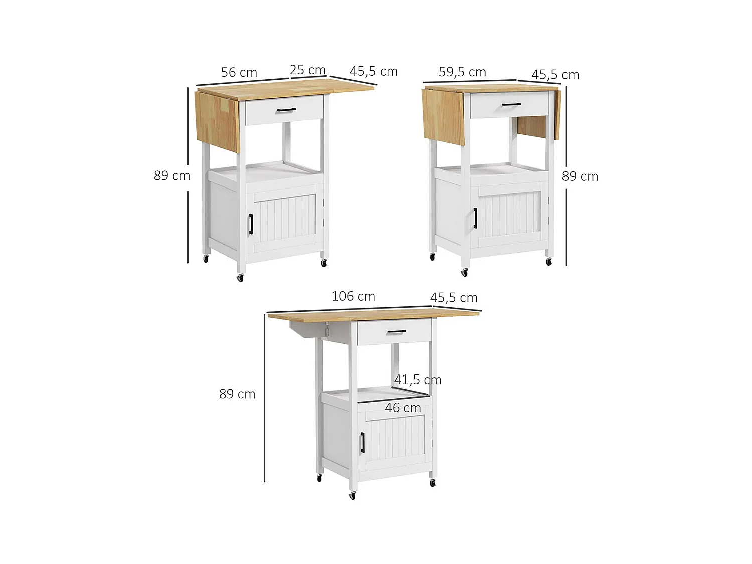Chariot de service desserte de cuisine à roulettes meuble de rangement plateau pliable tiroir étagère et armoire