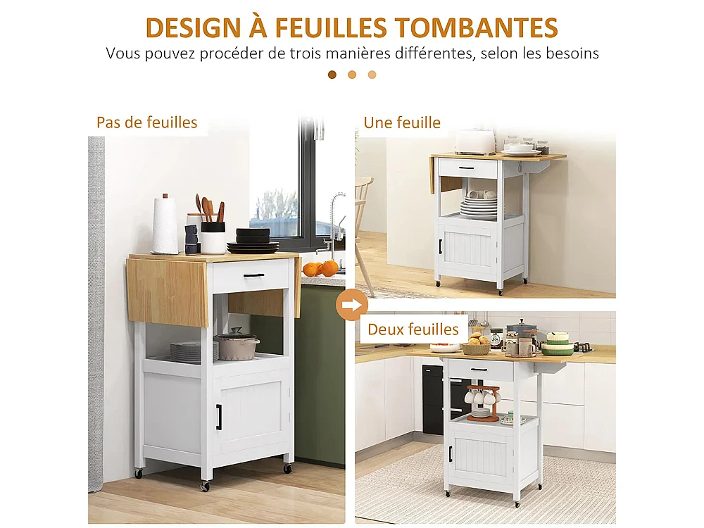 Chariot de service desserte de cuisine à roulettes meuble de rangement plateau pliable tiroir étagère et armoire