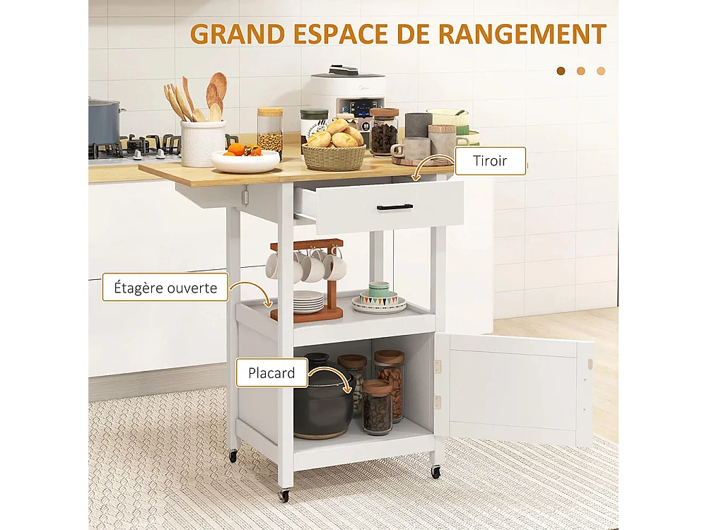 Chariot de service desserte de cuisine à roulettes meuble de rangement plateau pliable tiroir étagère et armoire