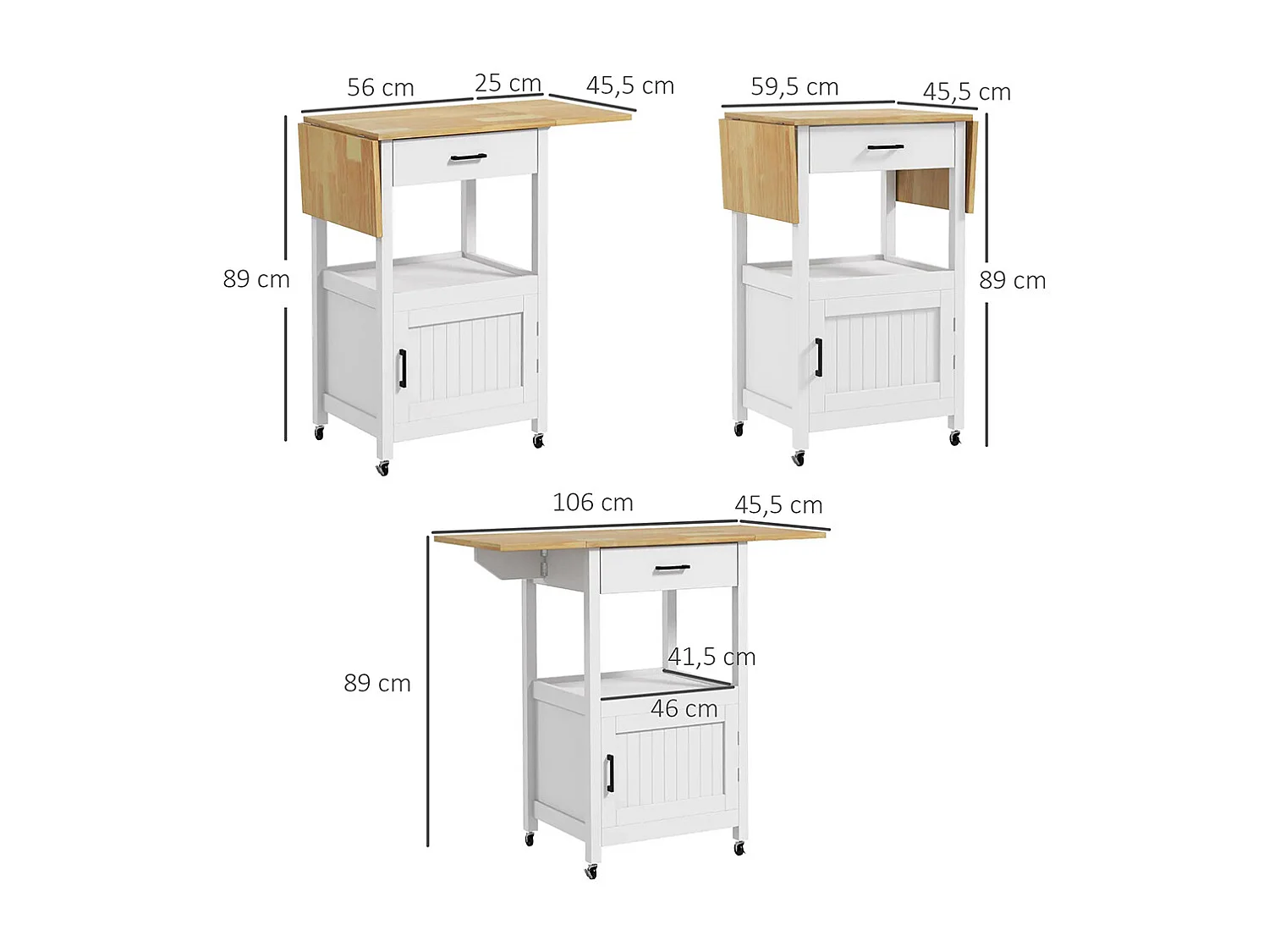 Chariot de service desserte de cuisine à roulettes meuble de rangement plateau pliable tiroir étagère et armoire