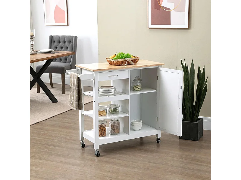 Desserte à roulettes Chariot de Service pour cuisine Style Contemporain - Porte, tiroir, 3 étagères - poignées métal bois Blanc