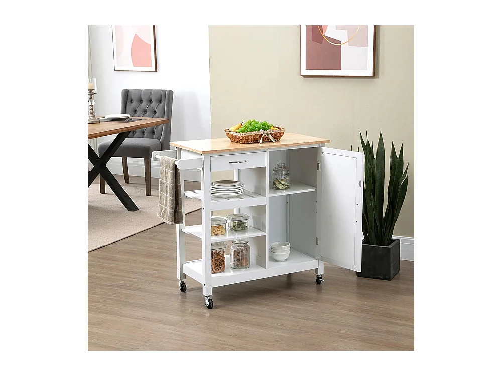 Desserte à roulettes Chariot de Service pour cuisine Style Contemporain - Porte, tiroir, 3 étagères - poignées métal bois Blanc
