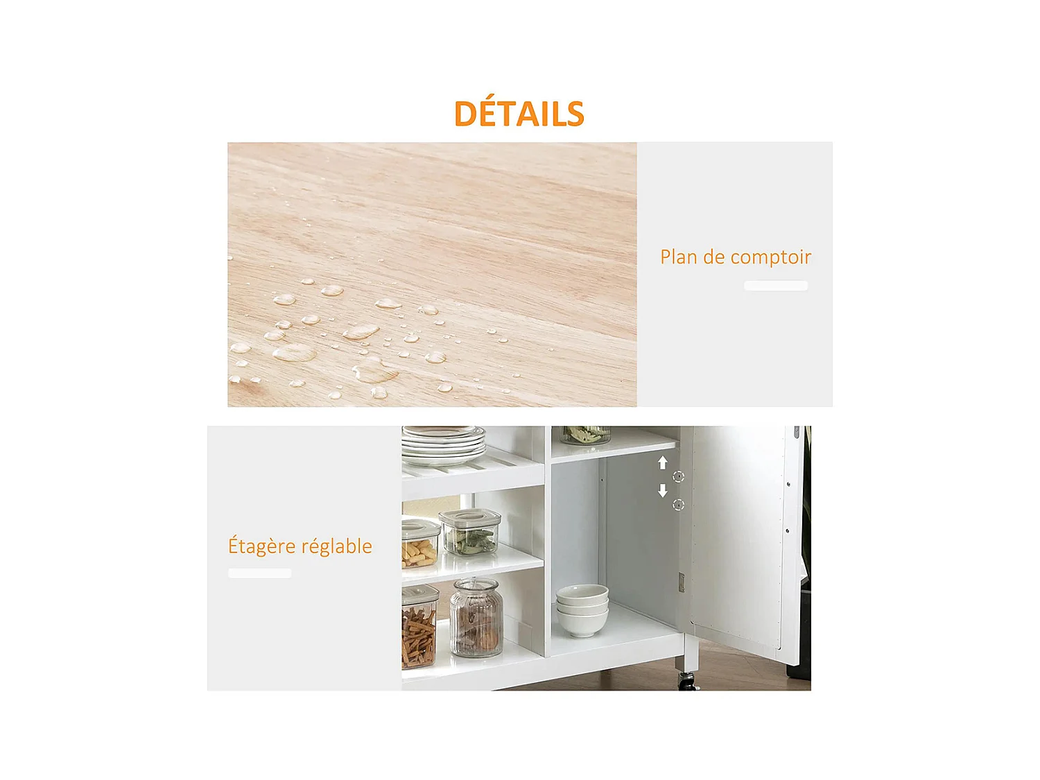 Desserte à roulettes Chariot de Service pour cuisine Style Contemporain - Porte, tiroir, 3 étagères - poignées métal bois Blanc